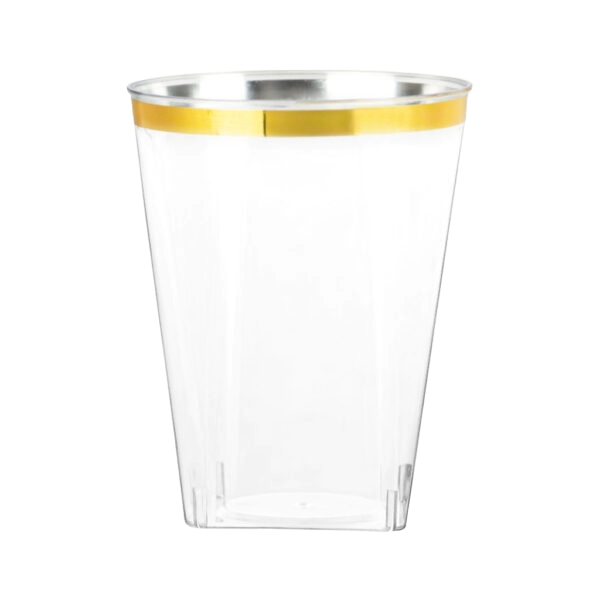 10 ounce plastic tumblers Clear with Gold Rim Square Tumblers 10 oz