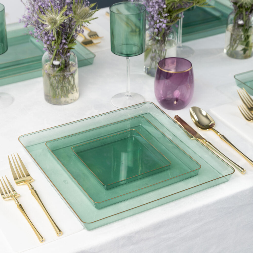 Square Edge Green Transparent/Gold Rim Combo Plates